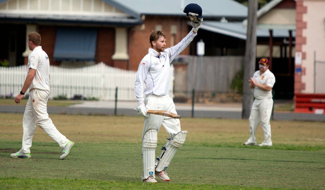Trent Park celebrates after scoring his maiden century. Picture: Charles Willacy