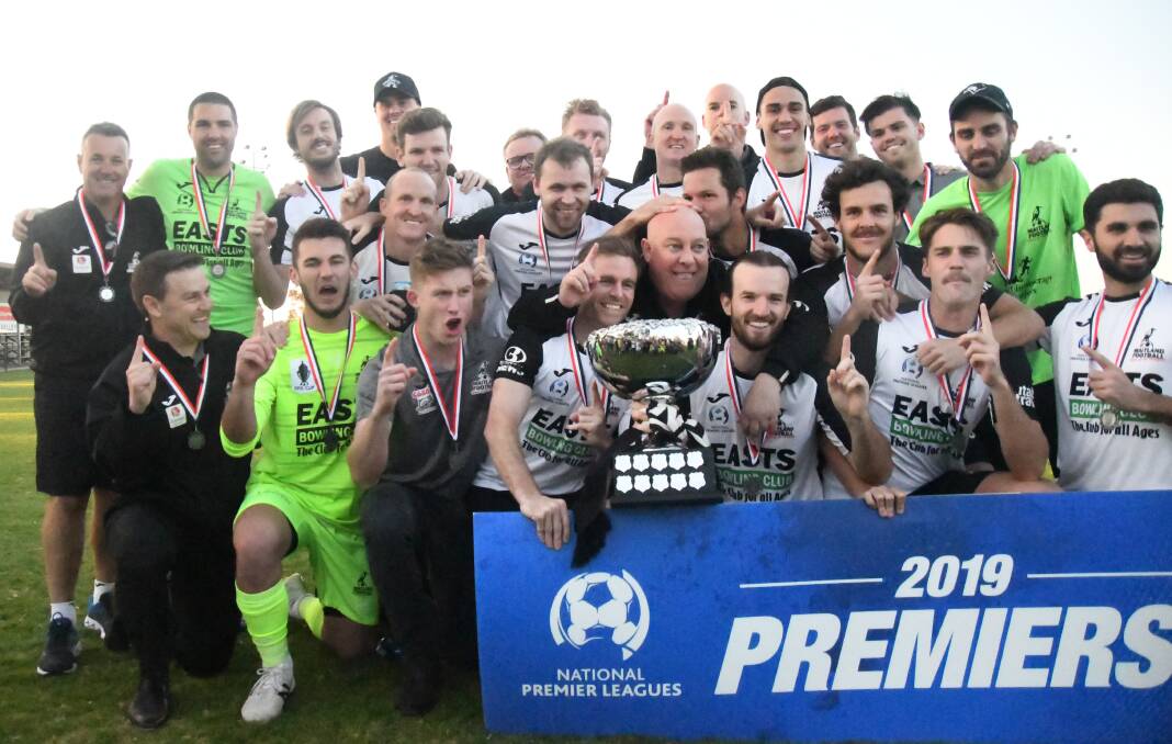 NUMBER ONE: The Maitland Magpies celebrate taking out the 2019 Northern NSW NPL Premiers Trophy. Picture: Michael Hartshorn