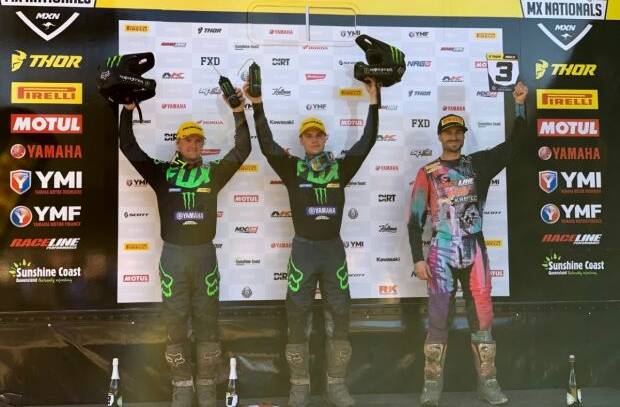 PODIUM: Kirk Gibbs (second), Luke Clout (first) and Hayden Mellross (third) filled the top three spots overall in round seven of the MX Nationals Series at Maitland.