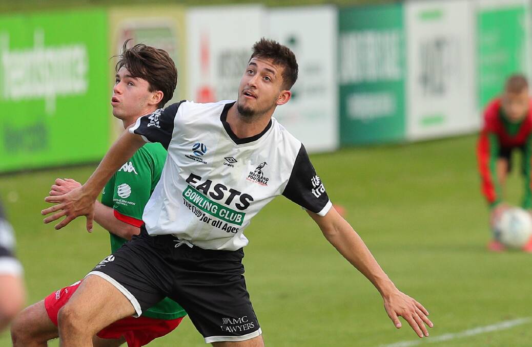 Ty Cousins scored the first goal of the 2022 Northern NSW NPL Men's season for the Maitland Magpies in the side's 2-0 win against Edgeworth. Picture Max Mason-Hubers