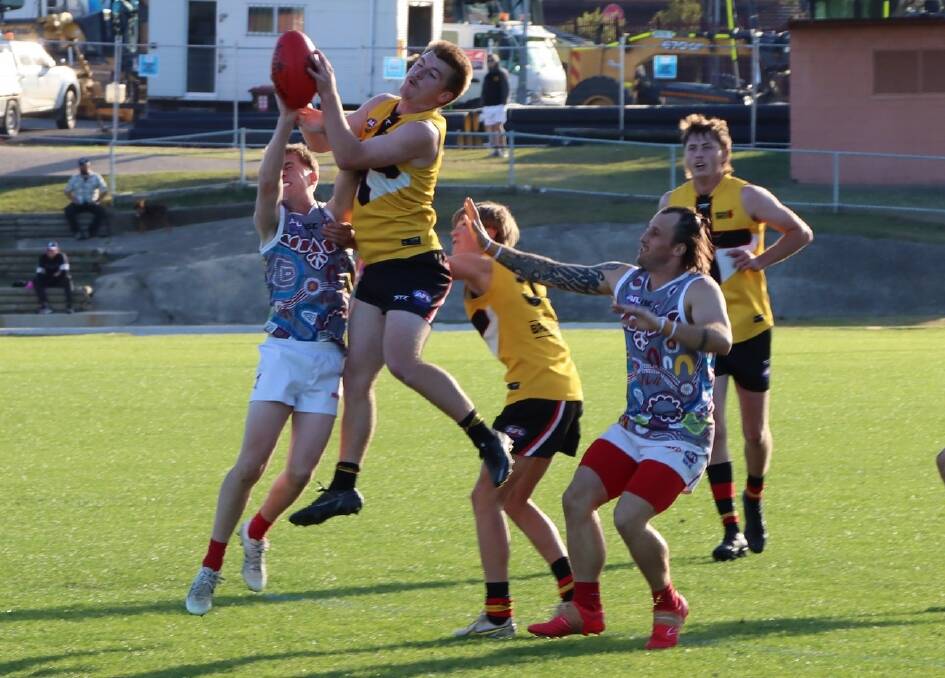 Maitland's Sam Jordan takes a mark against Singleton Roosters on Saturday, May 20, at Max McMahon Oval. Picture by Stephen Marchant