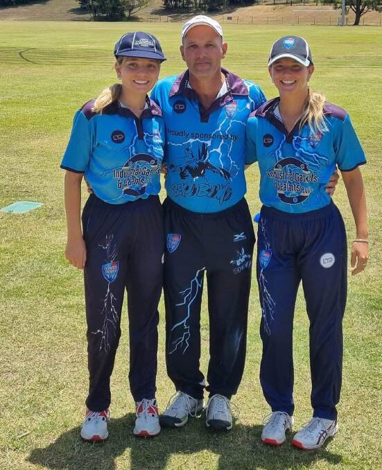 Corey Krake with his daughers Naomi (lef) and Monique (right) after their first game together for Thornton third grade in the Maitland and District Cricket Competition. Picture supplied.