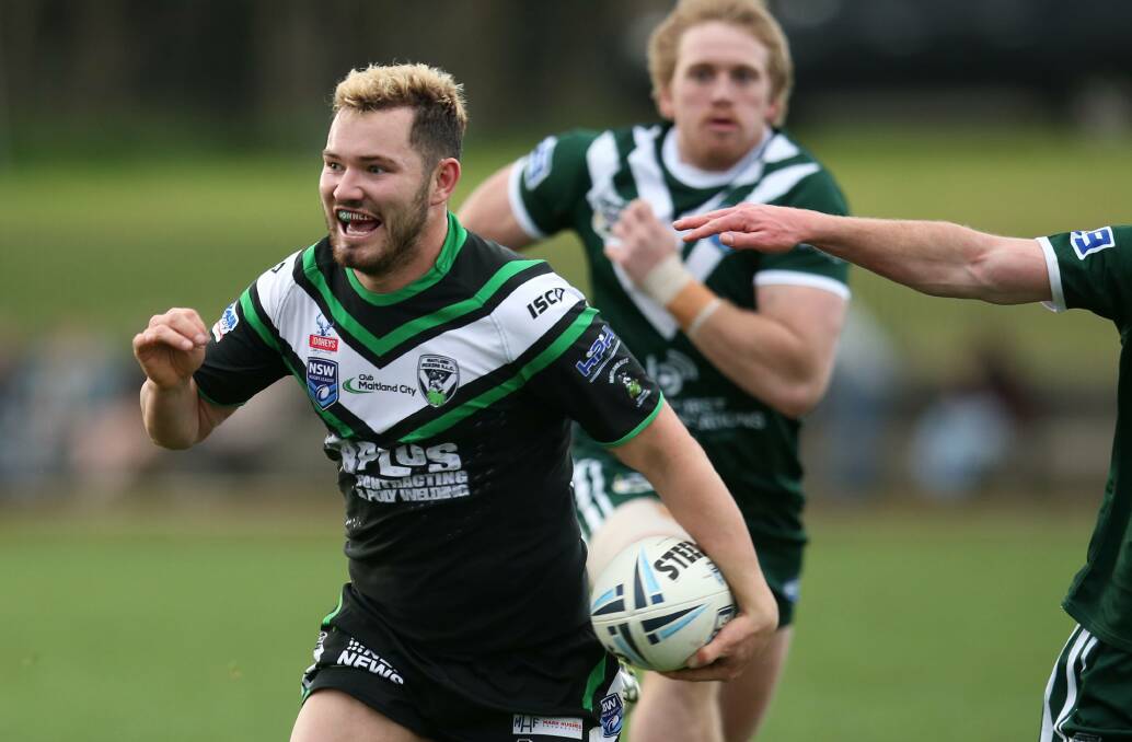Chad O'Donnell scored a hat-trick and set up a couple of other tries in his best game for the Maitland Pickers as they smashed Western Rams 58-4. Picture: Simone De Peake.
