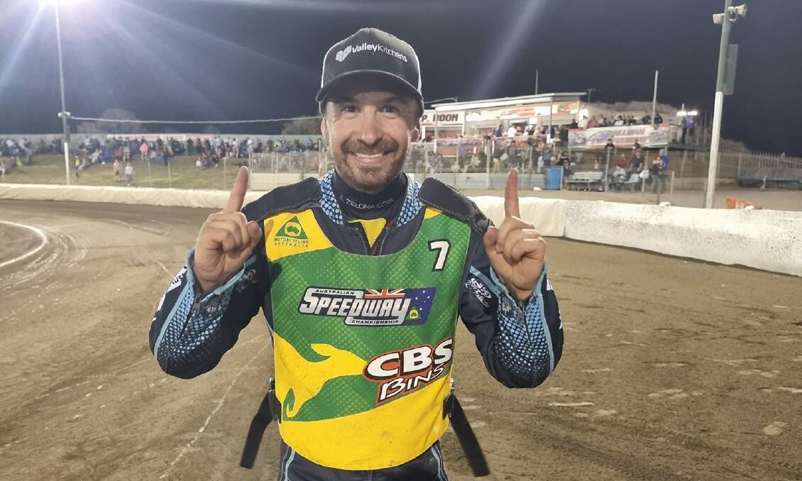 Hunter rider Rohan Tungate celebrates after winning the 2024 Australian Solo Speedway Championship. Picture supplied