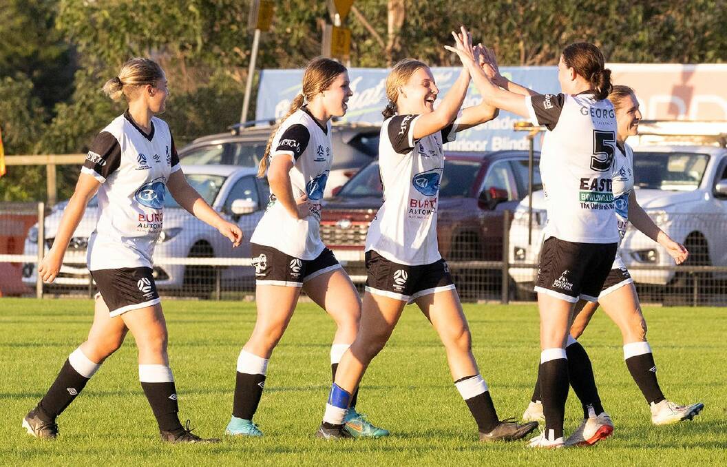 The Maitland Magpies players celebrate after Bronte Peel gave them a 2-1 lead. Picture: Graham Sport and Nature Photography