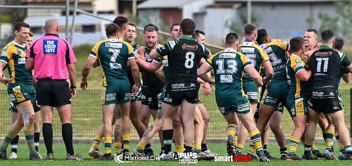 PUSH COMES TO SHOVE: Tempers flare between Maitland Pickers and Macquarie Scorpions players on Sunday. Picture: Smart Artist 