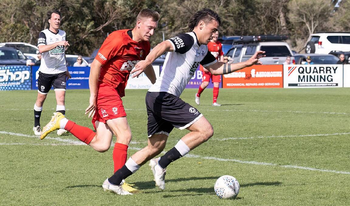 Zach Thomas in action against Broadmeadow Magic in the 4-1 win to book a place in the 2022 NPLM grand final. Picture by Graham Sports Photography