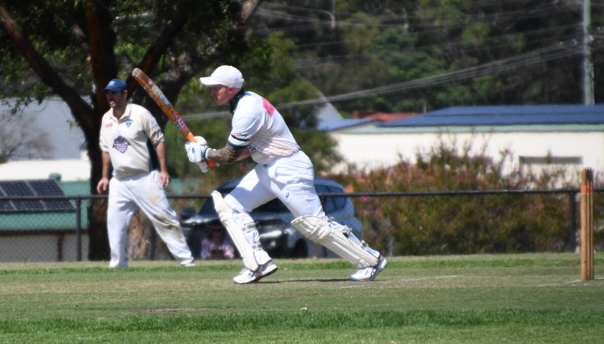 Raymond Terrace batter Josh Benhard sets off for a run during his innings of 101 against Kurri Weston Mulbring at Kurri Central on Saturday, March 9, 2024. Picture by Michael Hartshorn