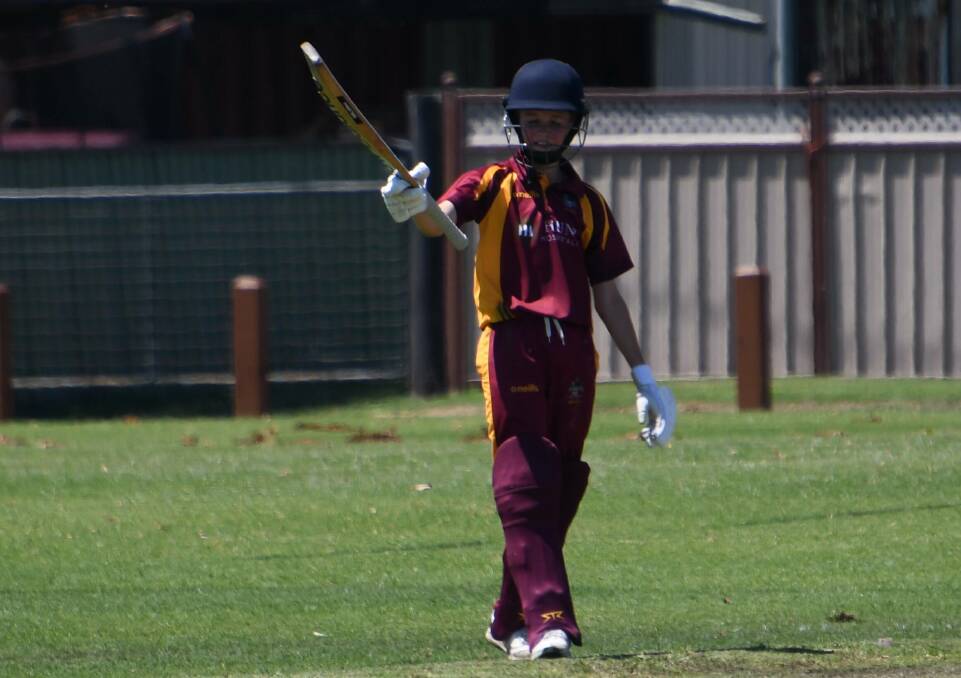 Braxton Smith, pictured acknowledging scoring a 50 earlier this season, made 109 not out for Maitland Maroon Under-13s. Picture by Michael Hartshorn
