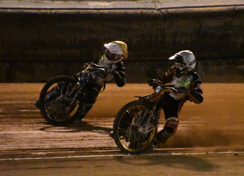 TITLE DUEL: The past two winners of the Australian Solo Speedway title Rohan Tungate (yellow helmet) and Max Fricke (white helmet) are battling again for the 2020 title. Picture: Michael Hartshorn