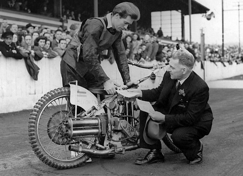 HISTORY IN MAKING: Johnnie Hoskins, the founder of speedway in Maitland, and rider Ken Le Breton with a rocket bike.