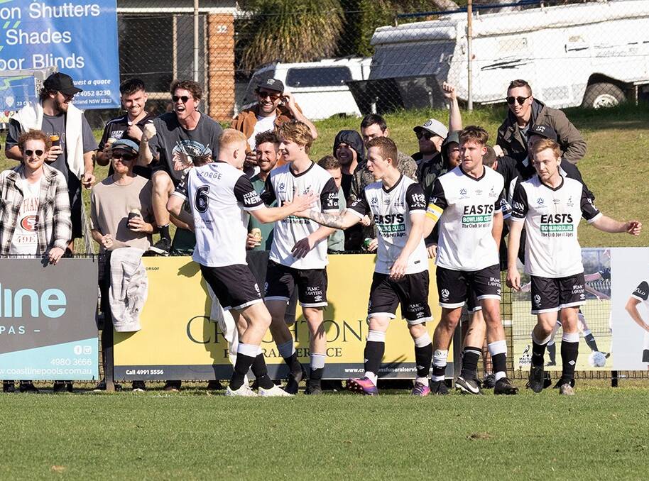 Maitland players celebrate with fans after the Magpies scored against Edgeworth in their penultimate round clash at Cooks Square Park on Saturday, August 27. Picture by Graham Sports Photography.