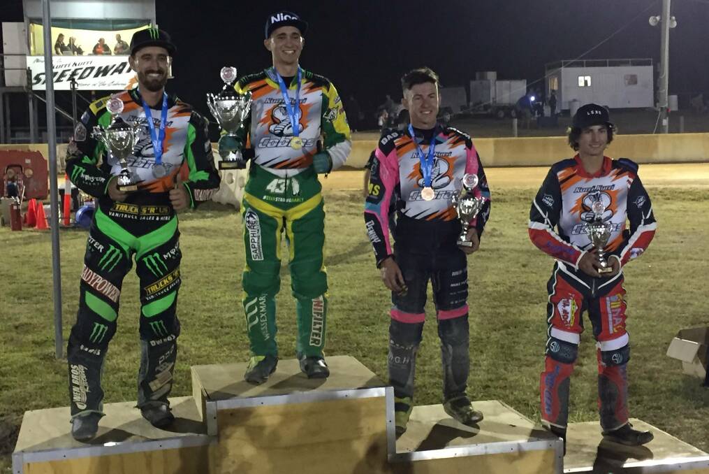 NSW CHAMP: Jack Holder (centre) with older brother Chris (left), Heddon Greta's Josh Pickering and Cowra's Zack Cook on the podium. Picture: Michael Hartshorn