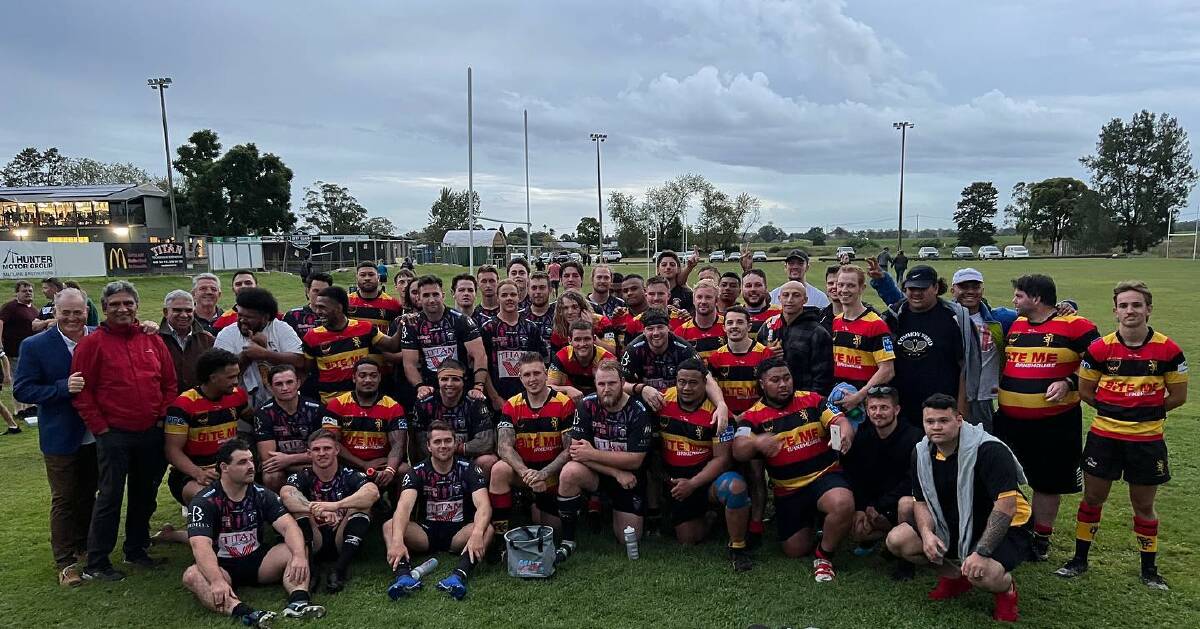 David Campese, Gary Ella, Glen Ella and John Muggleton (left) join the Maitland Blacks and Hornsby Lions players after the match. Picture: Supplied