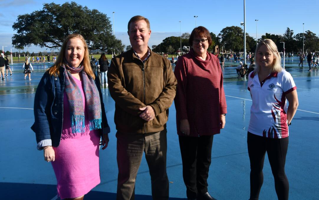 Member for Maitland Jenny Aitchison, Maitland mayor Philip Penfold, Netball Australia board member Wendy Archer and Maitland Netball Association president Leearna Bennett at the official opening of the Maitland Netball courts. Picture: Michael Hartshorn
