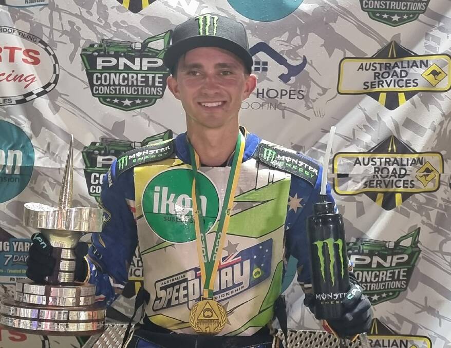 Jack Holder holds the 2023 Australian Solo Speedway Championship trophy after clinching the title in the final round in Brisbane on Wednesday night. Picture supplied.