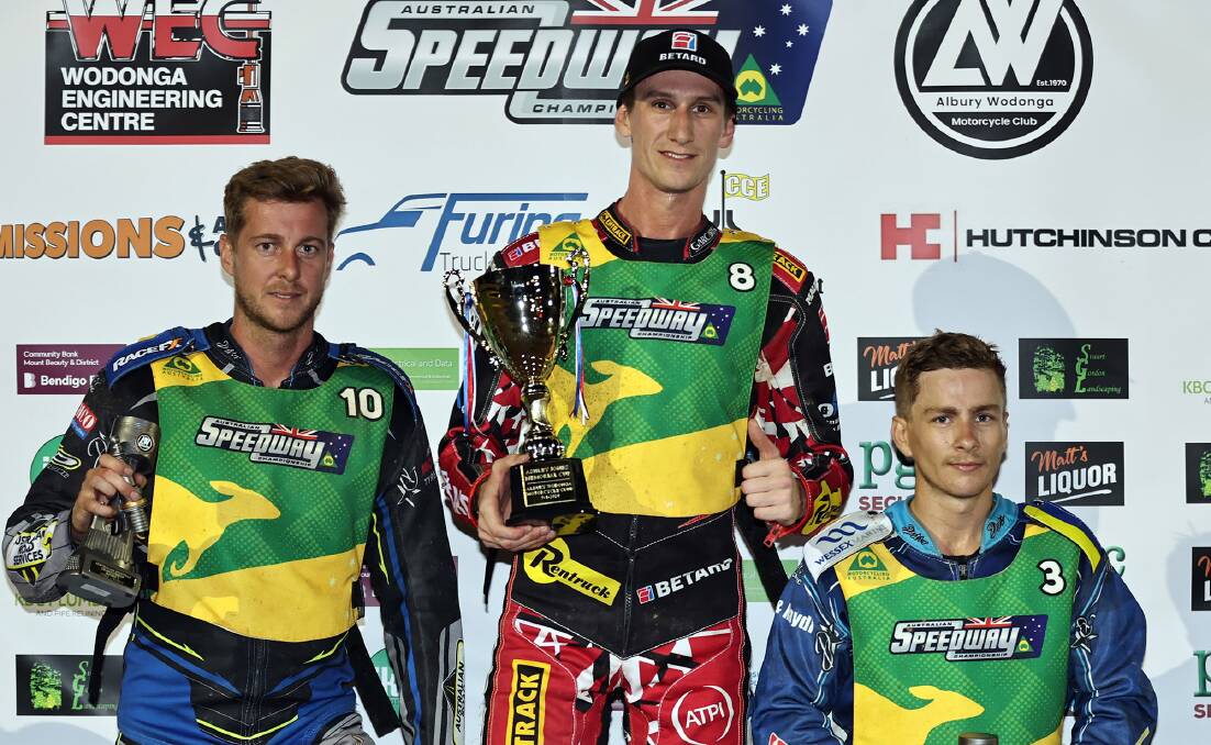 Max Fricke (centre) after winning round three of the Aussie Speedway Solo Championship at Albury from Ryan Douglas (left) and Ben Cook. Picture by Judy Mackay