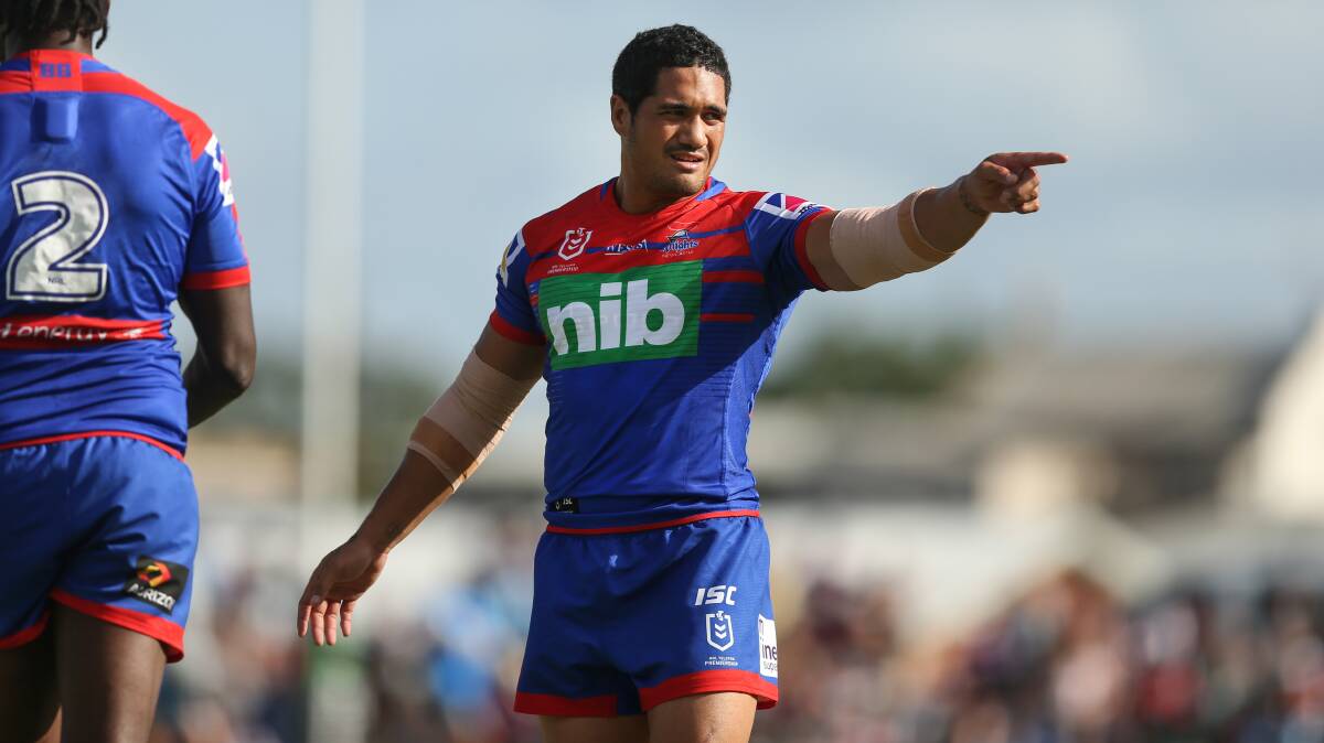 LOYAL KNIGHT: Sione Mata'utia directs teammates during the warm-up at last year's Knights trial at Maitland Sportsground. Picture: Marina Neill
