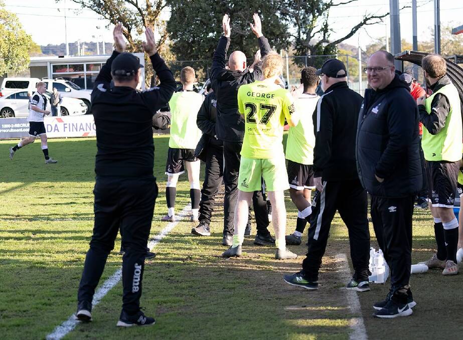 Celebrations on the sidelines after Maitland's Jimmy Thompson scores the winner in the 95th minute. Picture: Graham Sports Photography.