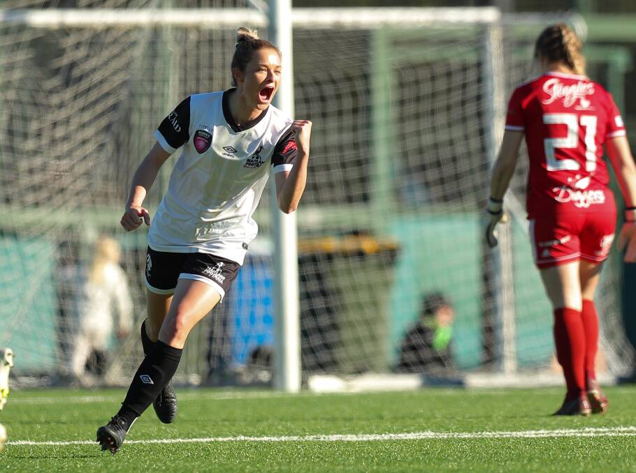 Maitland's inspirational skipper Sophie Stapleford was one of four goal scorers in the Magpies' 4-0 win against Mid Coast on Sunday. Picture: Max Mason-Hubers