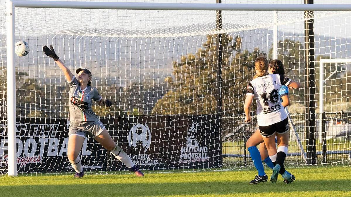 GOAL: Mercedes McNabb beats the Charlestown keeper to score Maitland's third goal. Picture: Graham Sport and Nature Photography.