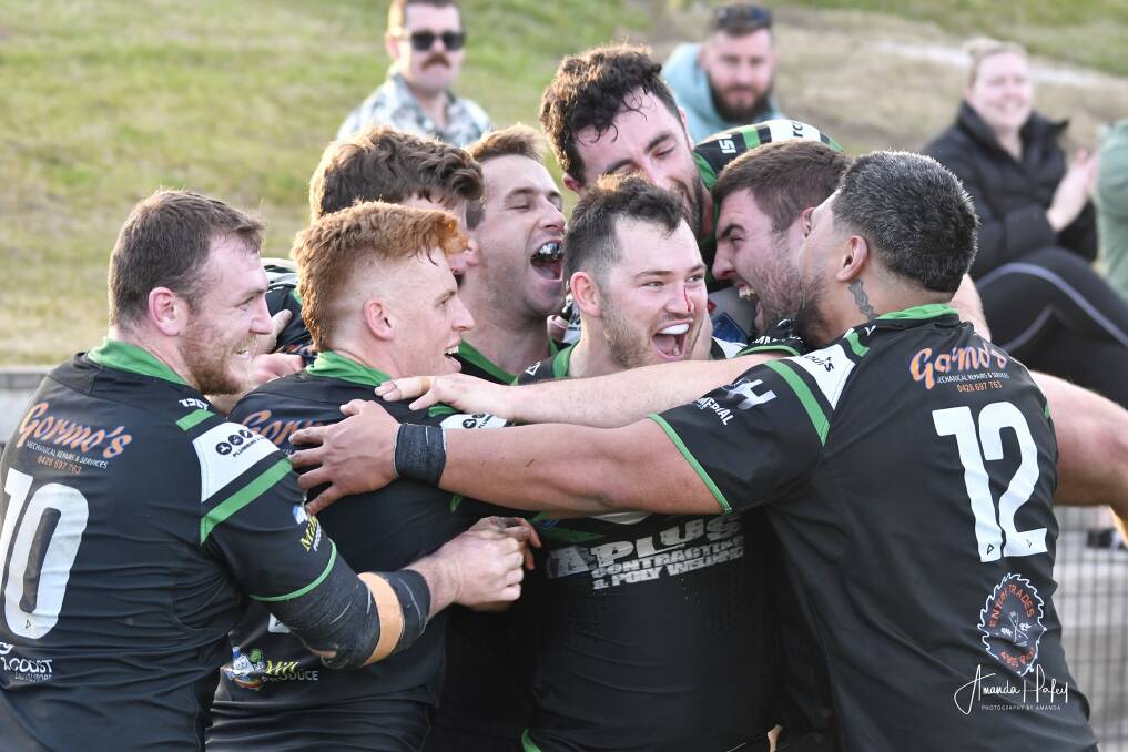 BRING IT ON: Maitland players celebrate after James Bradley sealed victory with the Pickers' third try against Macquarie Scorpions on Sunday. Picture: Amanda Hafey