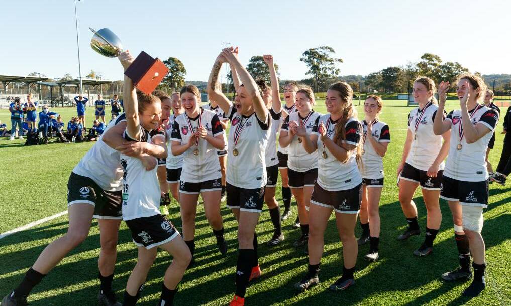 CHAMPS: Maitland Magpies celebrate winning the 2021 Women's State Cup. Picture: Max Mason-Hubers.