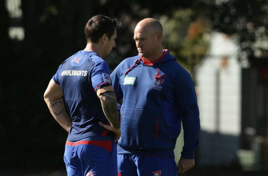 STAR POWER: Mitchell Pearce and Nathan Brown at Knights training.