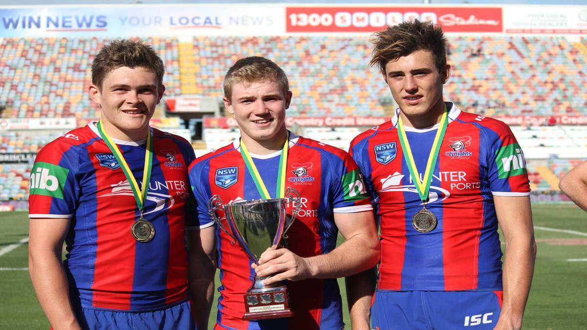 WINNERS: Brodie Jones (Quorrobolong), Hudson Young (Greta) and Brayden Musgrove (Kearsley) featured in the Newcastle Knights under-16 side that won the national championship. Photo by Natalie Jones.