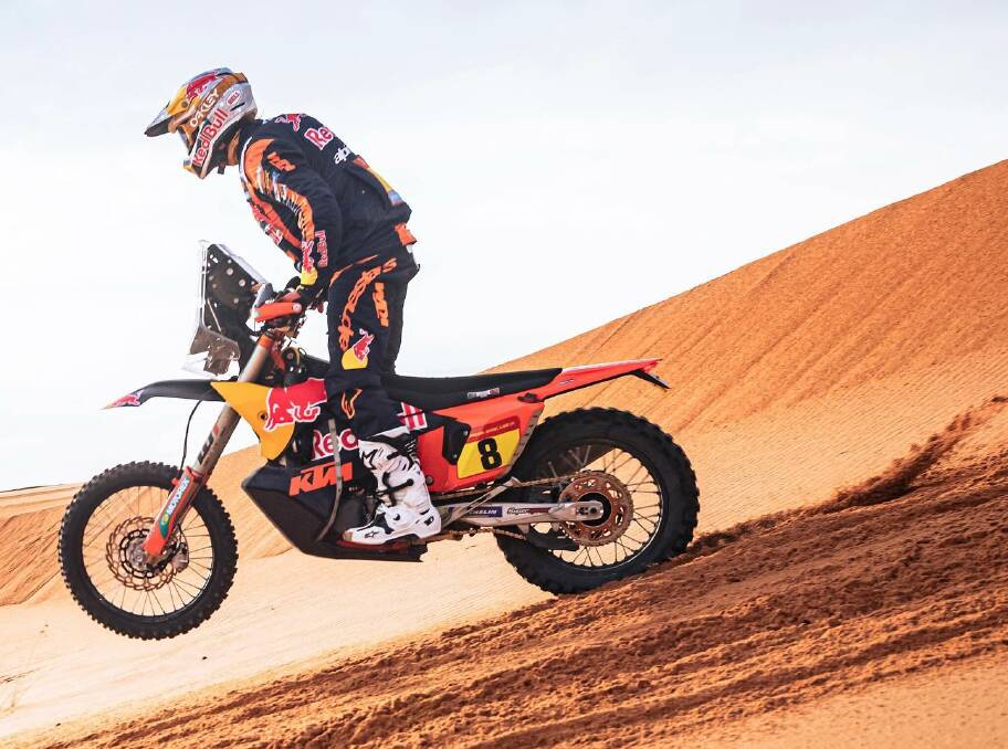 Toby Price took full advantage of a navigational error by other leading riders to finish second on Stage 9 and is now just three seconds behind the leader. Picture courtesy of Dakar Rally.