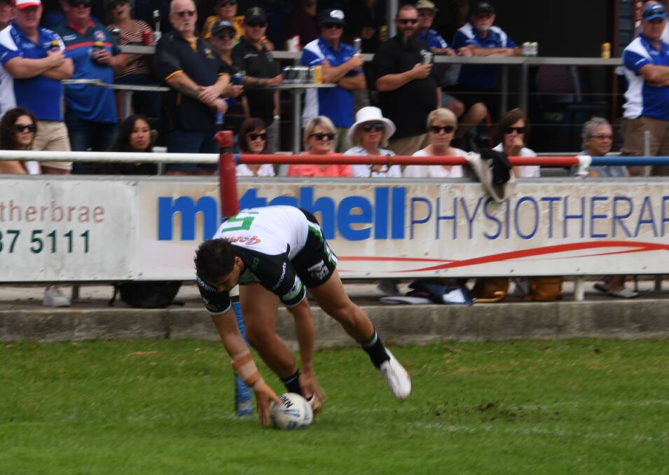 Maitland wing Jye Bieman-King scores the first try of his hat-trick in front of the Kurri Kurri Old Boys on Sunday. Picture by Michael Hartshorn