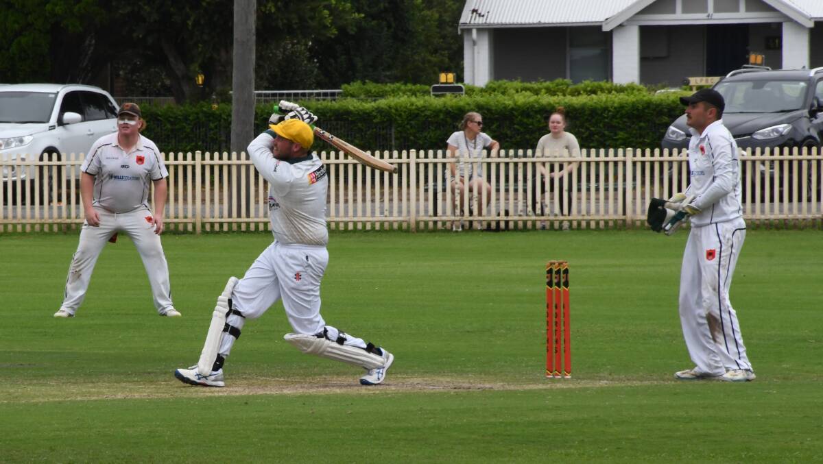 Mackenzie Morison smashes a straight six to secure a memorable win for Raymond Terrace against Northern Suburbs at Lorn Park on Sunday, February 11. Picture by Michael Hartshorn