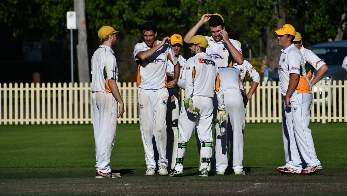 CRUCIAL WICKETS: Raymond Terrace players congratulate Nick Savage (second from left) after one of his five wickets. Picture: Michael Hartshorn