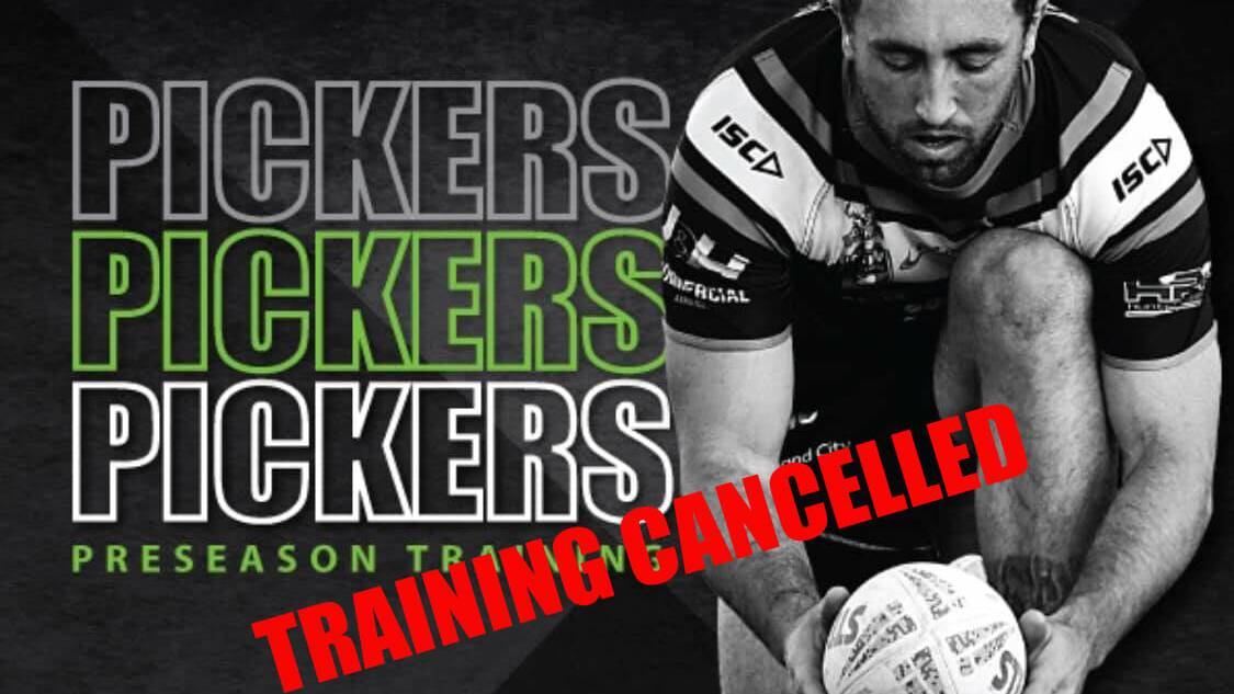 A post from the Maitland Pickers Facebook page announcing training had been cancelled.