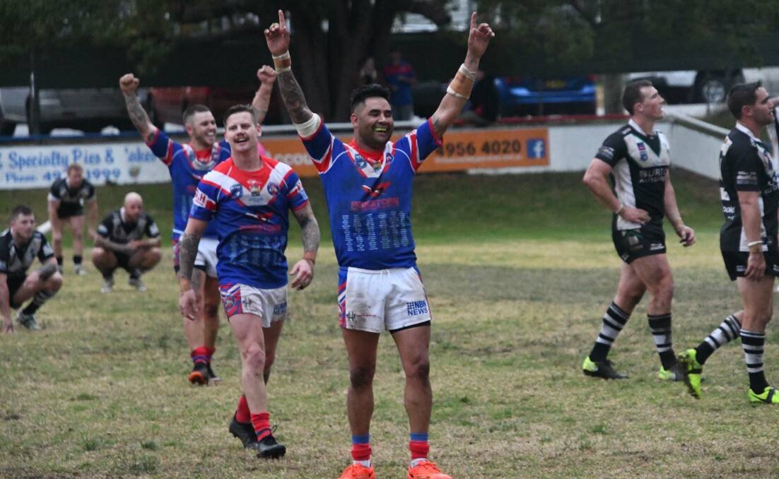 WHAT A WIN: Jade Porter raises his arms in triumph after the Kurri Kurri Bulldogs 17-10 win against the Maitland Pickers on Saturday. Picture: Michael Hartshorn