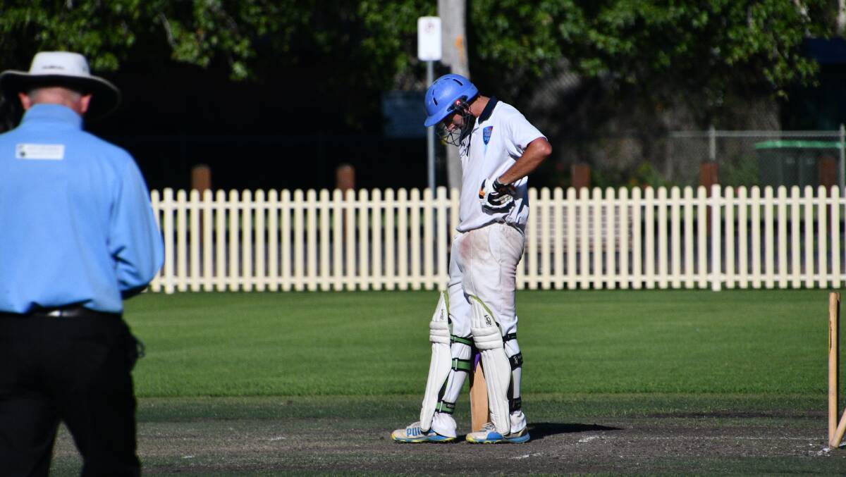 SO CLOSE: Thornton skipper Jake Moore stands motionless at the crease after his innings of 122 comes to an end. Picture: Michael Hartshorn 