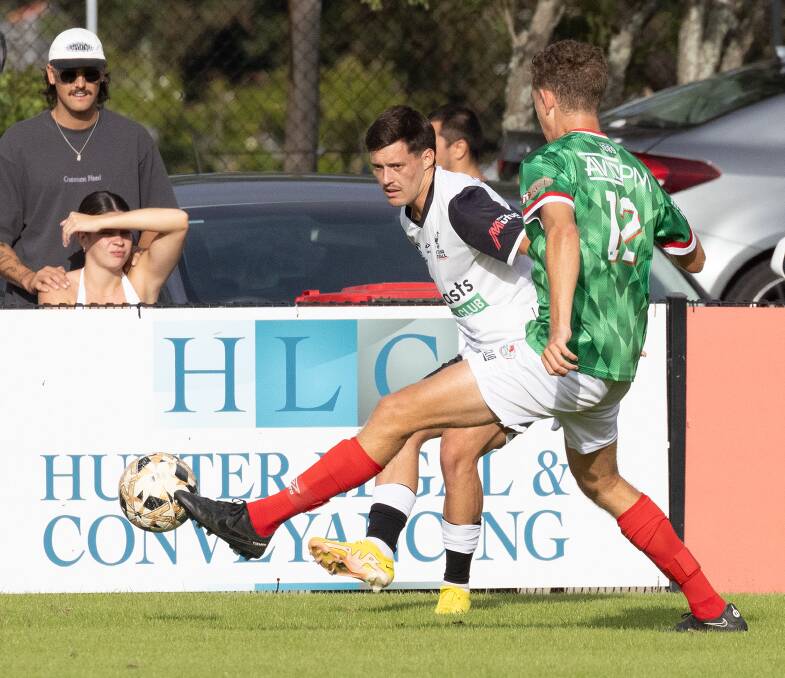 Maitland's Regan Lundy, pictured in action against Adamstown, scored a double in the Magpies 2-0 win against Lake Macquarie City. Picture by Graham Sports and Nature Photography.