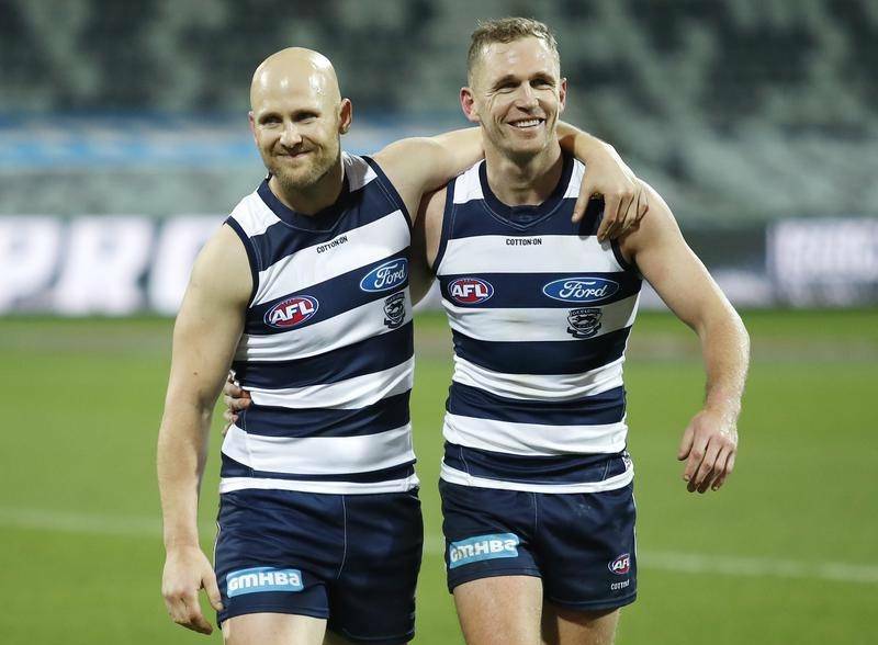 Geelong have beaten Gold Coast, marking Gary Ablett's (L) 350th AFL game and Joel Selwood's 300th.