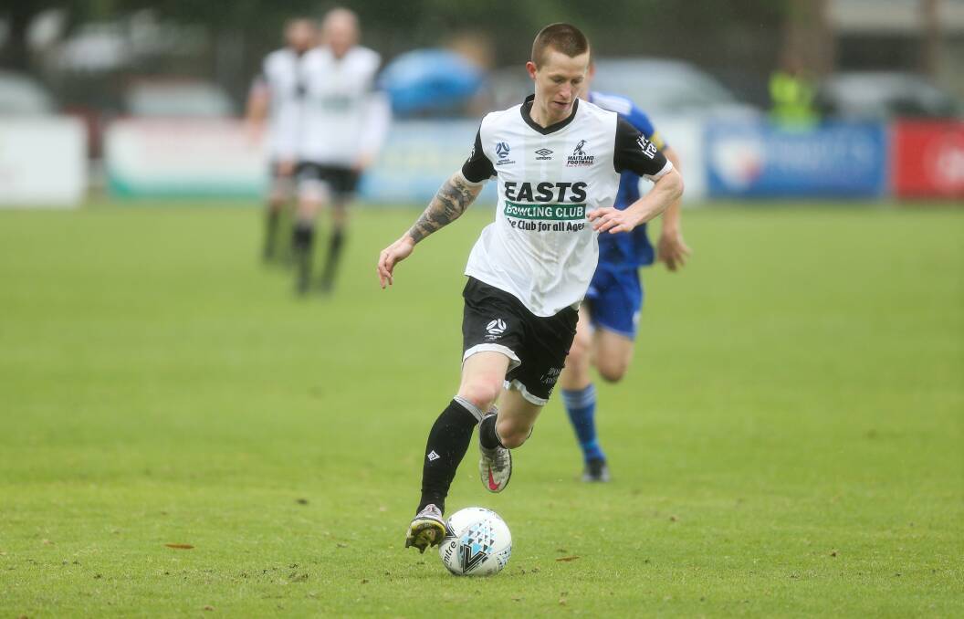 ON TARGET: Maitland's star striker Braedyn Crowley scored five goals in the Magpies 6-0 win against Adamstown at Cooks Square Park on Tuesday night.