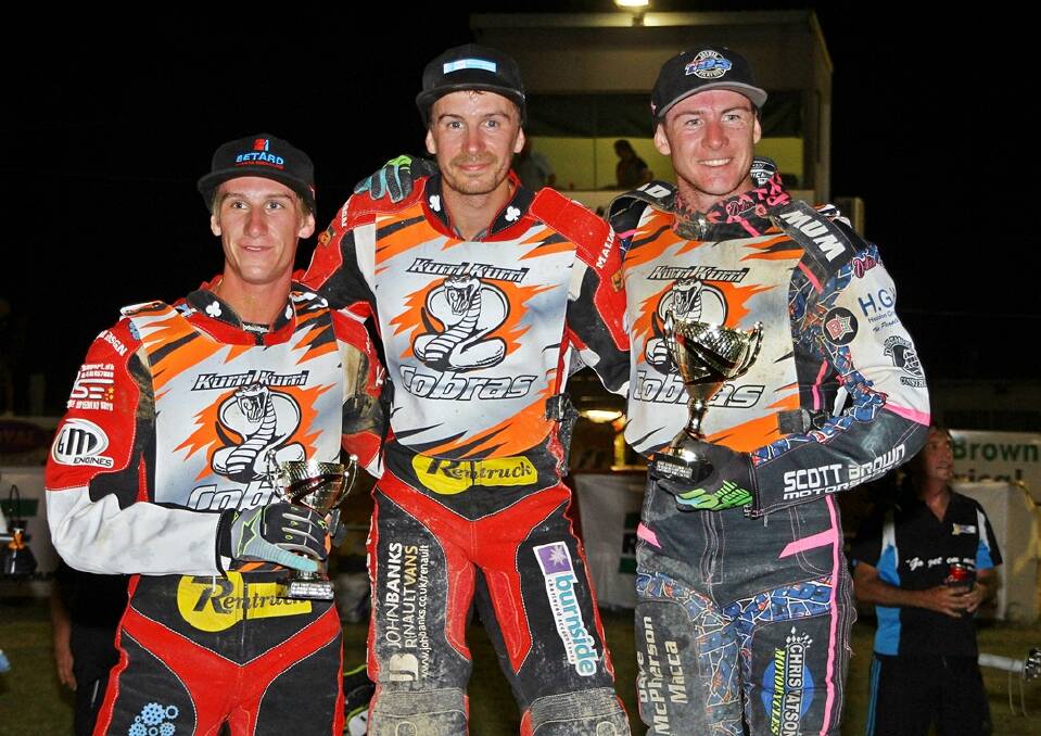 MATES: Rohan Tungate (centre) with Max Fricke (left) and Josh Pickering during the 2018 Aussie titles. Picture: Michael and Paul Galloway.