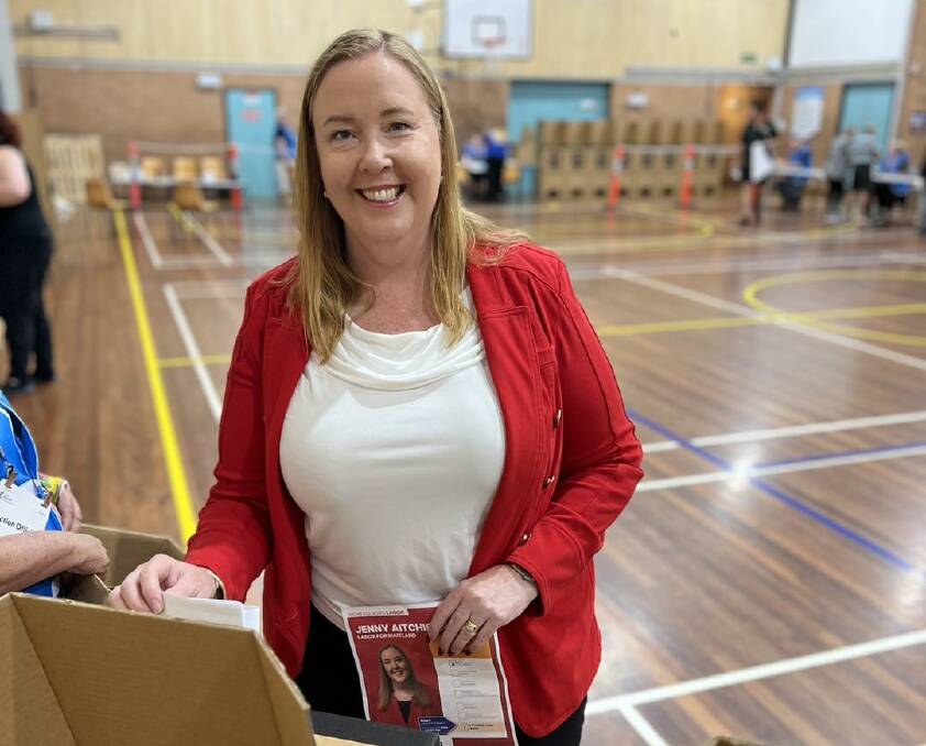 Maitland MP Jenny Aitchison casts her vote in Saturday's NSW election. Picture supplied.