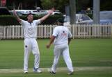 Wests fast bowler Harry King celebrates after taking one of his four wickets against Kurri Weston Mulbring on day one of the Maitland first grade grand final on Saturday, March 16. Picture by Michael Hartshorn