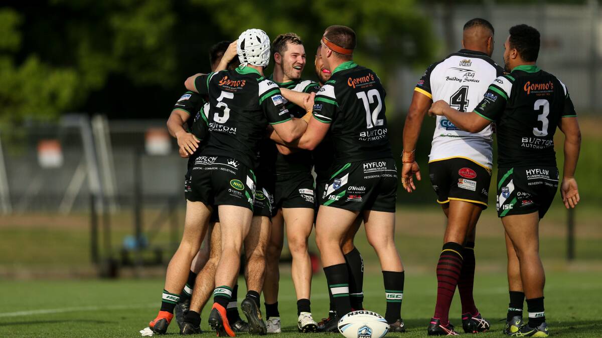 FIT FOR BATTLE: Maitland Pickers five-eighth Chad O'Donnell celebrates a try with teammates during Saturday's elimination final win against Hills Bulls for a place in Sunday's grand final. Picture: Marina Neil