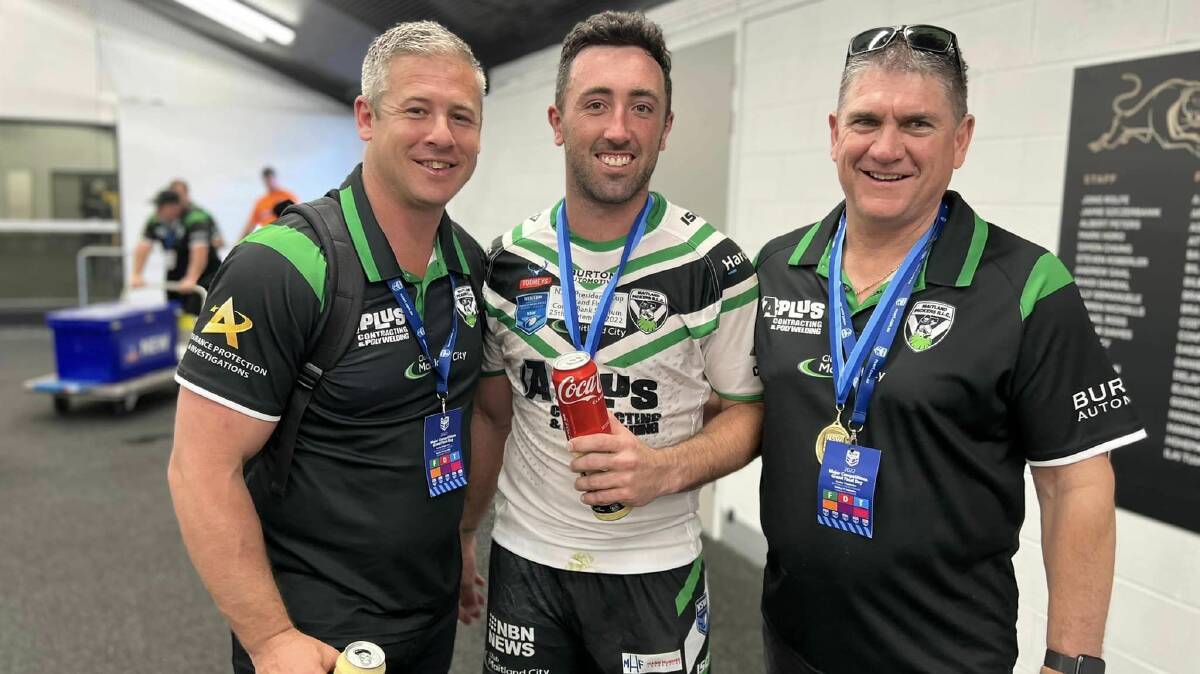 Frank Lawler with coach Matt Lantry and star halfback Brock Lamb after Maitland's 2022 President's Cup victory. Picture supplied.