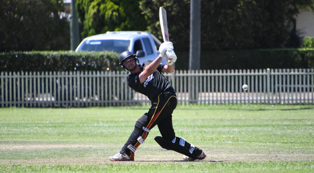 Northern Suburbs opener Matt Sugden launches the ball to the boundary against Thornton. Picture: Michael Hartshorn