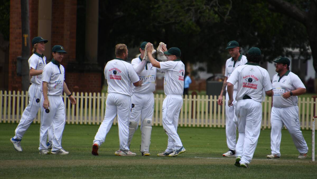 Wests celebrate Andrew Vickery's dismissal by a reflex catch by keeper Shannon Threlfo off the bowling of skipper Mitchell Fisher. Picture: Michael Hartshorn