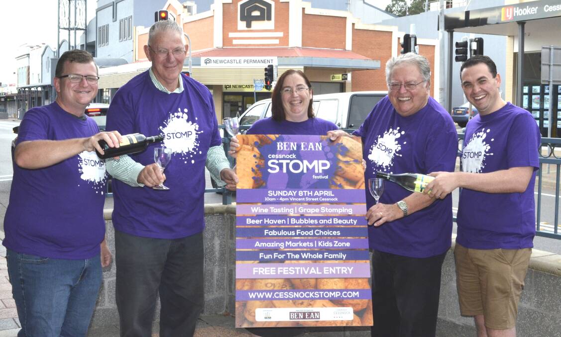 CHEERS: Cessnock Chamber of Commerce president Clint Ekert, Cessnock mayor Bob Pynsent, chamber vice-president Rienna De Visser, festival sponsor Brian McGuigan and town coordinator Anthony Burke are excited for the Cessnock Stomp festival this Sunday.