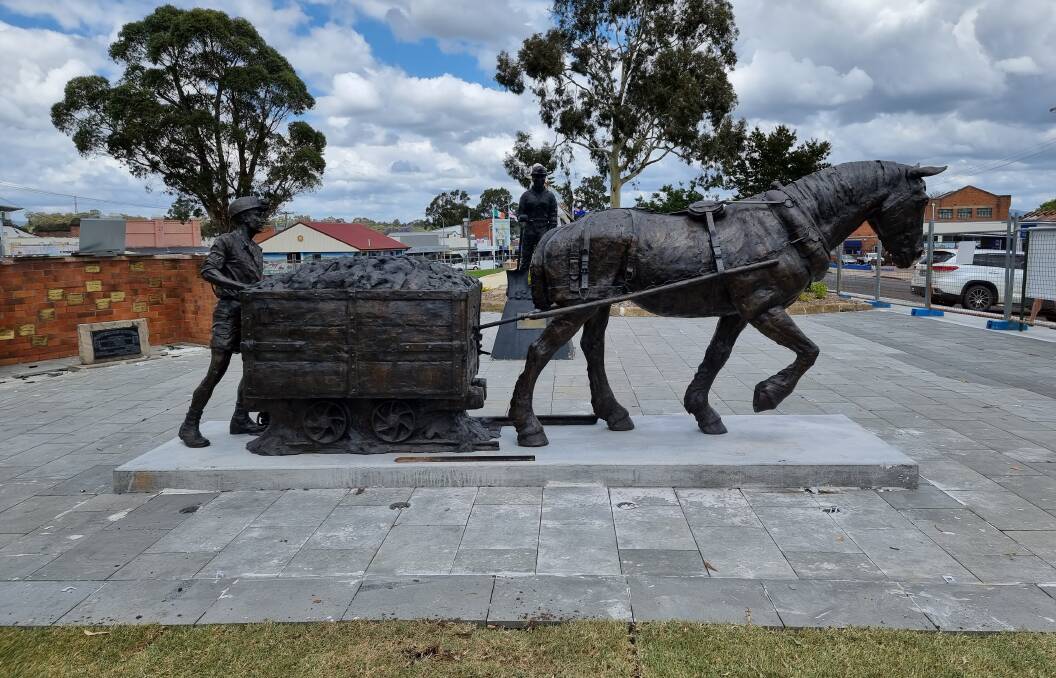 COMPLETE: The bronze sculpture of a pit horse, skip and wheeler, which was installed in Col Brown Rotary Park in October, will be officially unveiled this Saturday. Picture: Towns With Heart