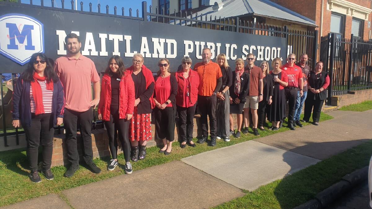 Maitland Public School teachers wore red on Wednesday to protest the NSW Government's new three-year award.
