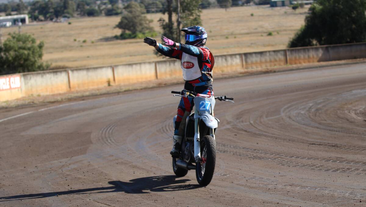 VICTORY DANCE: Paul Caslick celebrates victory in the Pro 450 class at the NSW Track Championships. Picture: Sheree Griffin
